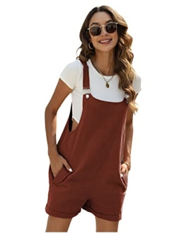 Fiona Jolin Women's Summer Cotton Linen Short Overalls Casual Bib Overall Shorts Rompers with Pockets