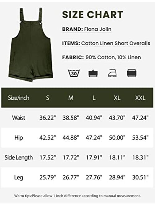 Fiona Jolin Women's Summer Cotton Linen Short Overalls Casual Bib Overall Shorts Rompers with Pockets