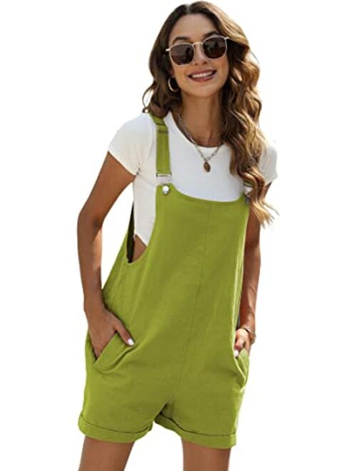 Fiona Jolin Women's Summer Cotton Linen Short Overalls Casual Bib Overall Shorts Rompers with Pockets