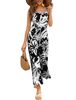 Umenlele Women's Casual Boho Trim Sleeveless High Waist Wide Leg Jumpsuit Romper