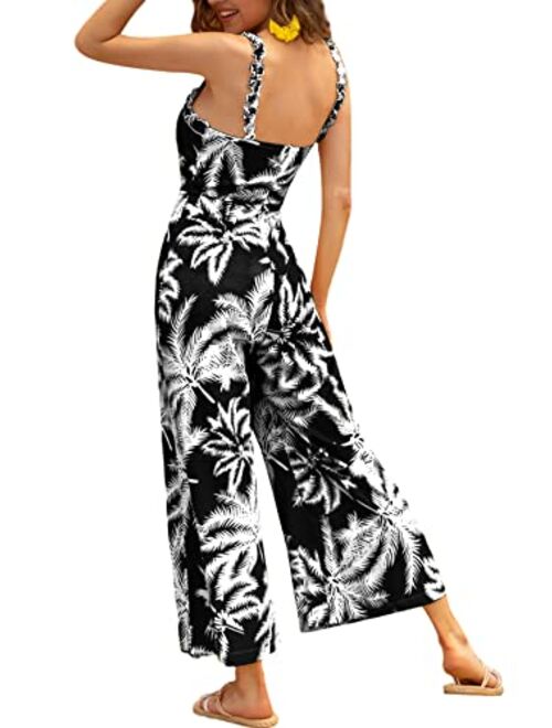 Umenlele Women's Casual Boho Trim Sleeveless High Waist Wide Leg Jumpsuit Romper