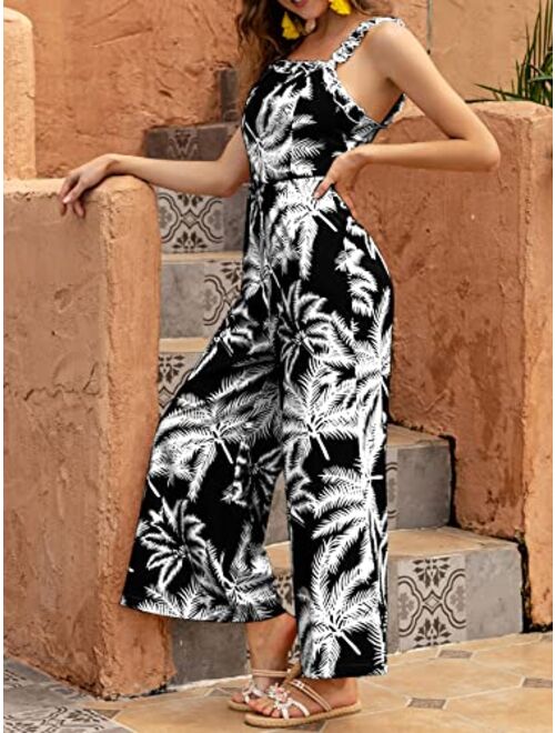 Umenlele Women's Casual Boho Trim Sleeveless High Waist Wide Leg Jumpsuit Romper