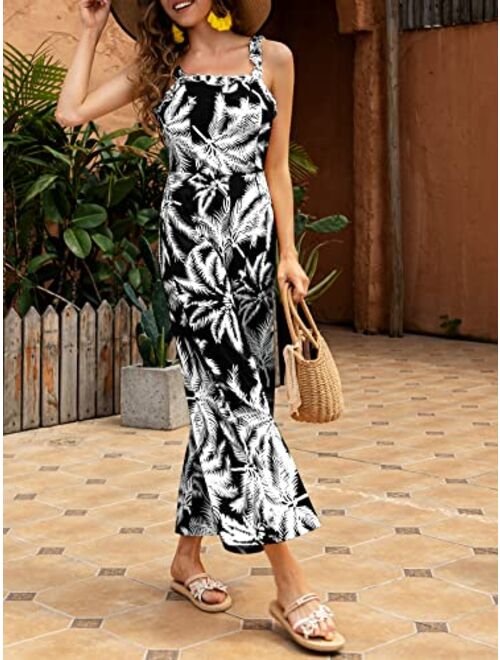 Umenlele Women's Casual Boho Trim Sleeveless High Waist Wide Leg Jumpsuit Romper