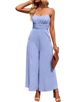 Women's Casual Sleeveless Jumpsuits Square Neck High Waisted Tie Back Long Pant Romper Jumpsuit with Pockets