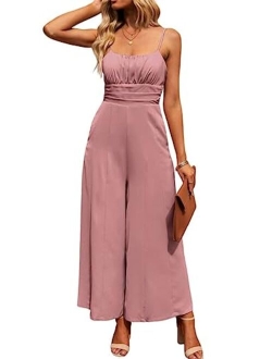 Women's Casual Sleeveless Jumpsuits Square Neck High Waisted Tie Back Long Pant Romper Jumpsuit with Pockets