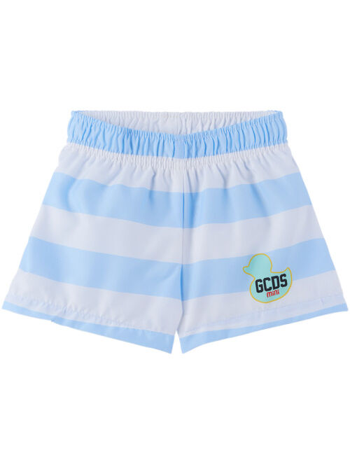 GCDS Kids Baby Blue & White Striped Swim Shorts