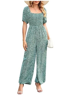 KOJOOIN Women's Summer Smocked Jumpsuits Casual Square Neck Short Sleeve High Waist Wide Leg Rompers with Pockets