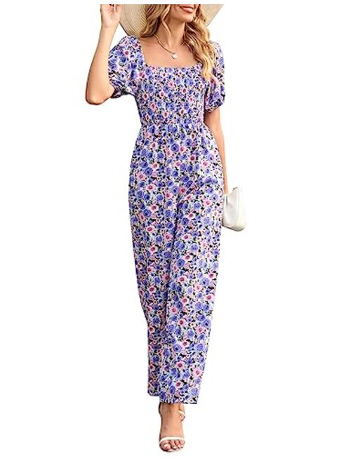 KOJOOIN Women's Summer Smocked Jumpsuits Casual Square Neck Short Sleeve High Waist Wide Leg Rompers with Pockets