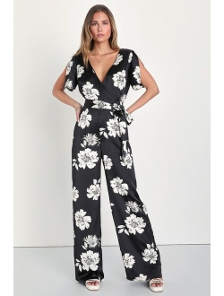 Sleek Desires Pink Floral Satin Split Sleeve Wide-Leg Jumpsuit