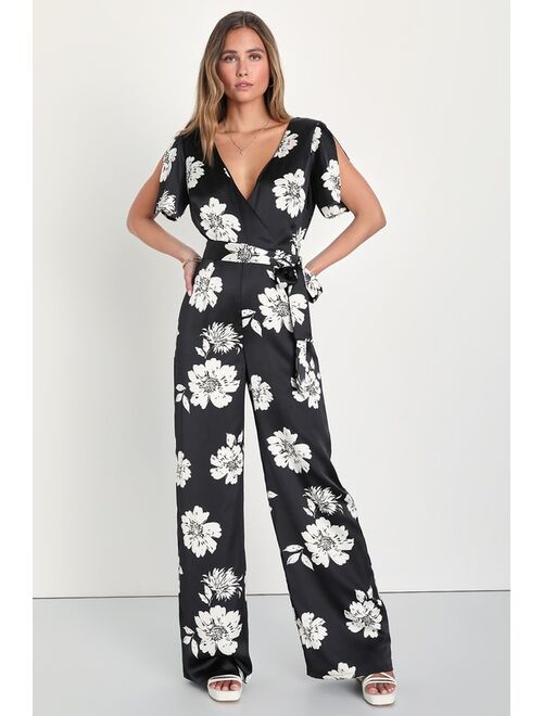 Lulus Sleek Desires Pink Floral Satin Split Sleeve Wide-Leg Jumpsuit