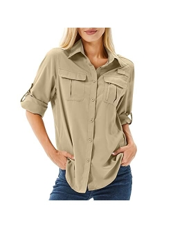 Toumett Women's UPF 50 Long Sleeve UV Sun Protection Safari Shirts Outdoor Quick Dry Fishing Hiking Travel Shirts