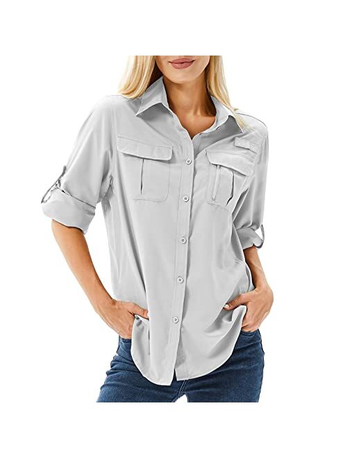 Toumett Women's UPF 50 Long Sleeve UV Sun Protection Safari Shirts Outdoor Quick Dry Fishing Hiking Travel Shirts