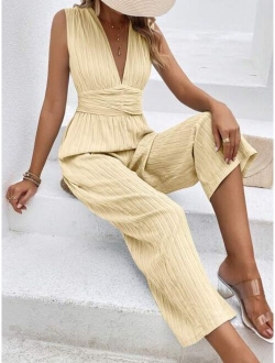 priv Plunging Neck Tie Back Wide Leg Jumpsuit