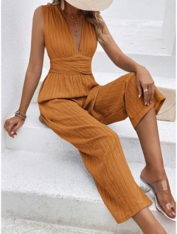 priv Plunging Neck Tie Back Wide Leg Jumpsuit