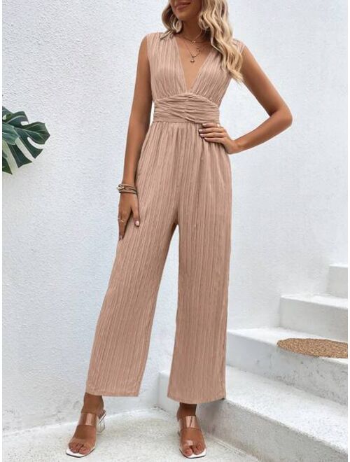 SHEIN priv Plunging Neck Tie Back Wide Leg Jumpsuit