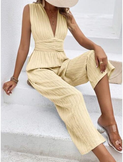 SHEIN priv Plunging Neck Tie Back Wide Leg Jumpsuit