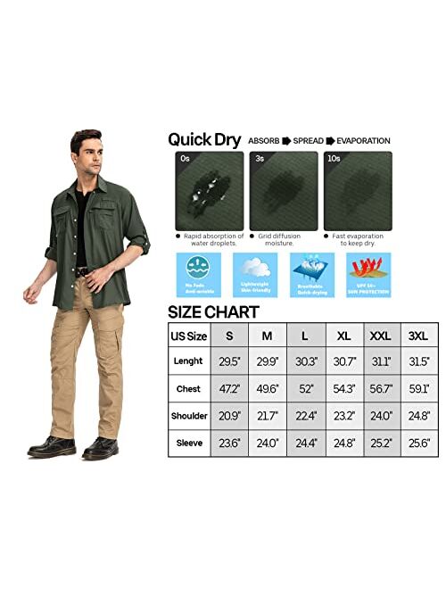 Anteef Mens Safari Shirts Long Sleeve UV Protection Hiking Fishing UPF 50+ Quick Dry Camping Travel Shirts