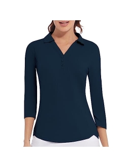 Casei Women's Polo Shirt 3/4 Long Sleeve Golf Quick Dry T Shirts UPF 50+ Athletic Casual Work Shirts Tops for Women