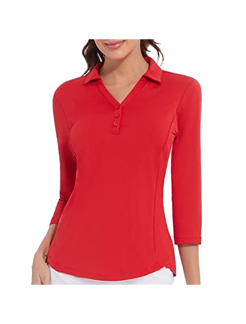 Casei Women's Polo Shirt 3/4 Long Sleeve Golf Quick Dry T Shirts UPF 50+ Athletic Casual Work Shirts Tops for Women