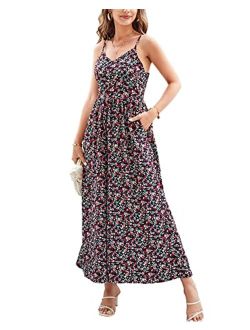 LAISHEN Wide Leg Jumpsuits for Women Casual 2023 Summer Floral Long Rompers Smocked Sleeveless Jumpers with Pockets