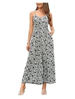 LAISHEN Wide Leg Jumpsuits for Women Casual 2023 Summer Floral Long Rompers Smocked Sleeveless Jumpers with Pockets