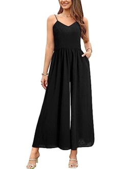 LAISHEN Wide Leg Jumpsuits for Women Casual 2023 Summer Floral Long Rompers Smocked Sleeveless Jumpers with Pockets