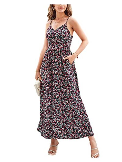 LAISHEN Wide Leg Jumpsuits for Women Casual 2023 Summer Floral Long Rompers Smocked Sleeveless Jumpers with Pockets