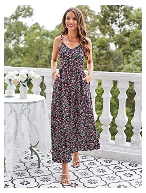 LAISHEN Wide Leg Jumpsuits for Women Casual 2023 Summer Floral Long Rompers Smocked Sleeveless Jumpers with Pockets