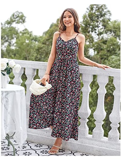 LAISHEN Wide Leg Jumpsuits for Women Casual 2023 Summer Floral Long Rompers Smocked Sleeveless Jumpers with Pockets