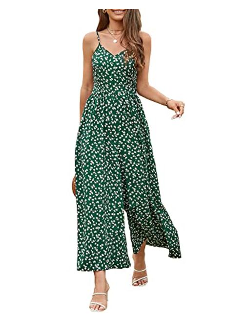 LAISHEN Wide Leg Jumpsuits for Women Casual 2023 Summer Floral Long Rompers Smocked Sleeveless Jumpers with Pockets