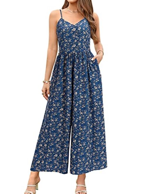 LAISHEN Wide Leg Jumpsuits for Women Casual 2023 Summer Floral Long Rompers Smocked Sleeveless Jumpers with Pockets