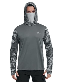 FISHEAL Men's Performance Fishing Hoodie Shirt - UPF 50+ Camo Long Sleeve Thumbholes Shirts with Mesh Face Mask