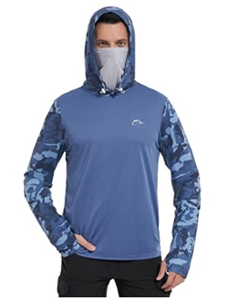 FISHEAL Men's Performance Fishing Hoodie Shirt - UPF 50+ Camo Long Sleeve Thumbholes Shirts with Mesh Face Mask