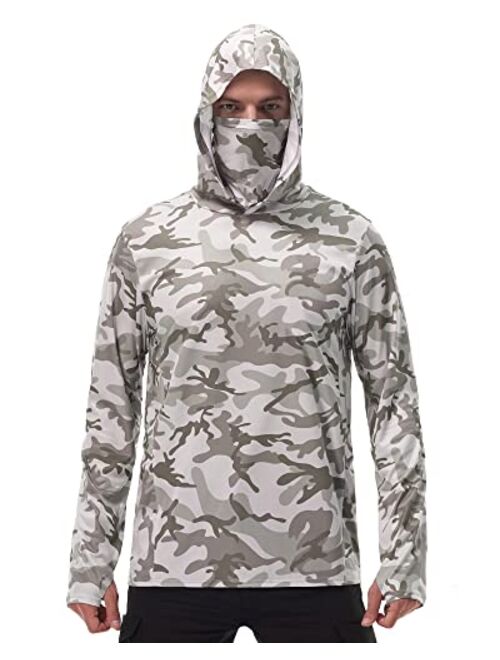 FISHEAL Men's Performance Fishing Hoodie Shirt - UPF 50+ Camo Long Sleeve Thumbholes Shirts with Mesh Face Mask