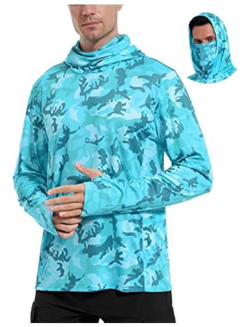 FISHEAL Men's Performance Fishing Hoodie Shirt - UPF 50+ Camo Long Sleeve Thumbholes Shirts with Mesh Face Mask