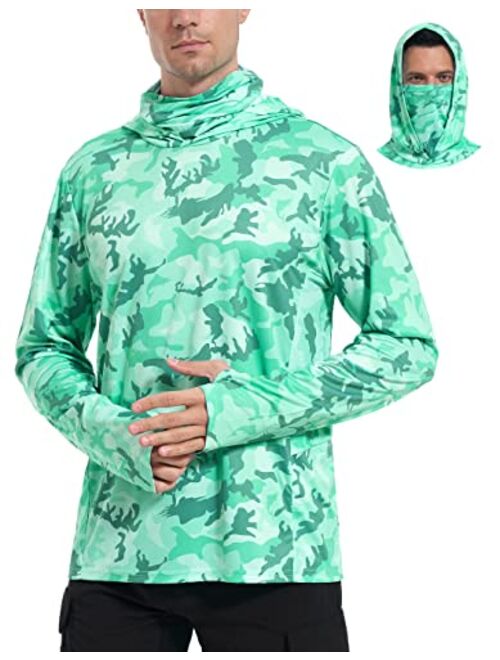 FISHEAL Men's Performance Fishing Hoodie Shirt - UPF 50+ Camo Long Sleeve Thumbholes Shirts with Mesh Face Mask