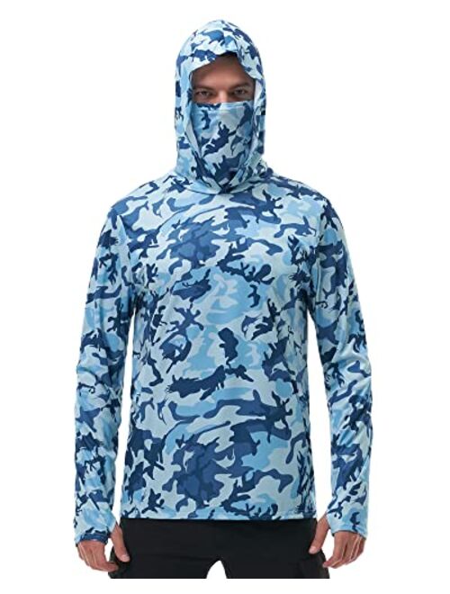 FISHEAL Men's Performance Fishing Hoodie Shirt - UPF 50+ Camo Long Sleeve Thumbholes Shirts with Mesh Face Mask