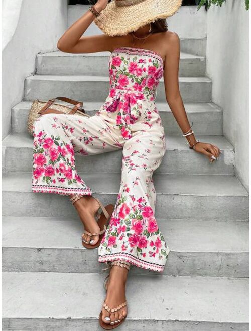 SHEIN VCAY Floral Print Belted Tube Jumpsuit