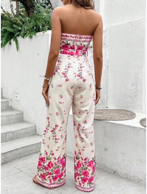 SHEIN VCAY Floral Print Belted Tube Jumpsuit