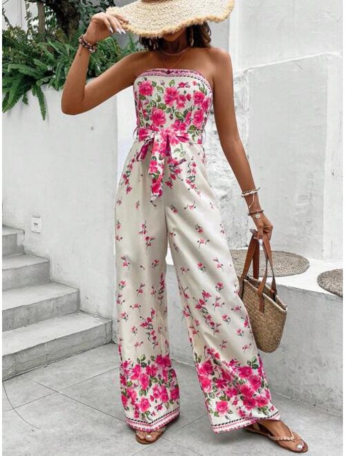SHEIN VCAY Floral Print Belted Tube Jumpsuit