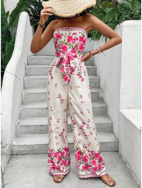 SHEIN VCAY Floral Print Belted Tube Jumpsuit