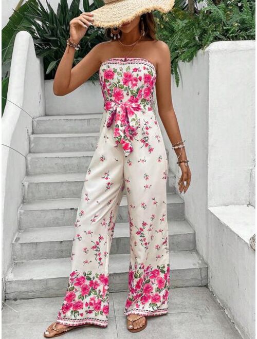 SHEIN VCAY Floral Print Belted Tube Jumpsuit