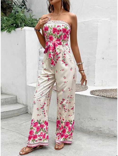 SHEIN VCAY Floral Print Belted Tube Jumpsuit