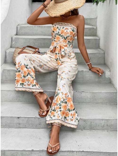 SHEIN VCAY Floral Print Belted Tube Jumpsuit