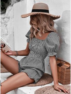 VCAY Plaid Print Shirred Flounce Sleeve Romper