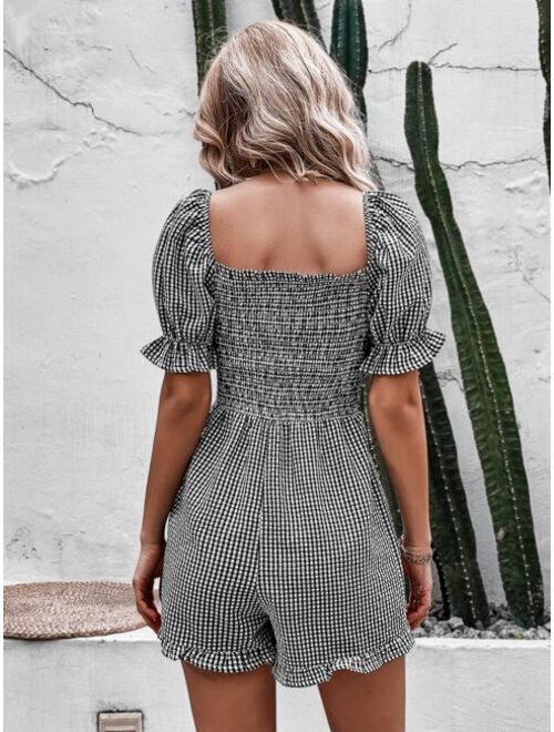 SHEIN VCAY Plaid Print Shirred Flounce Sleeve Romper