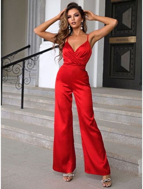 Joyfunear Surplice Neck Wide Leg Cami Jumpsuit