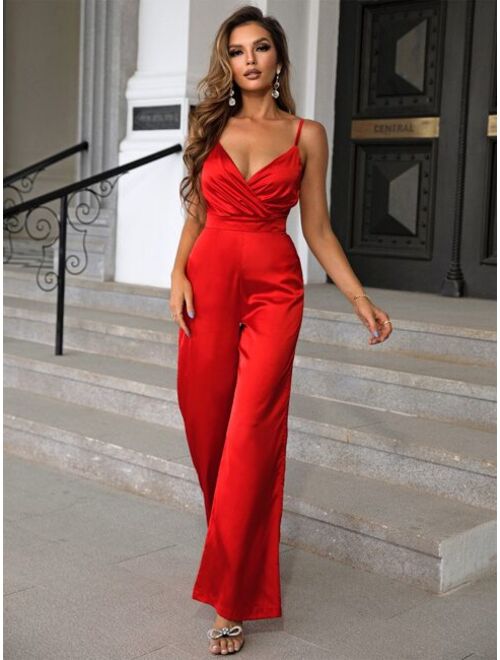 Joyfunear Surplice Neck Wide Leg Cami Jumpsuit