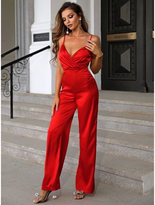 Joyfunear Surplice Neck Wide Leg Cami Jumpsuit