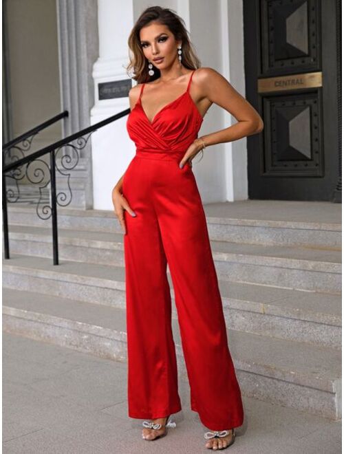 Joyfunear Surplice Neck Wide Leg Cami Jumpsuit